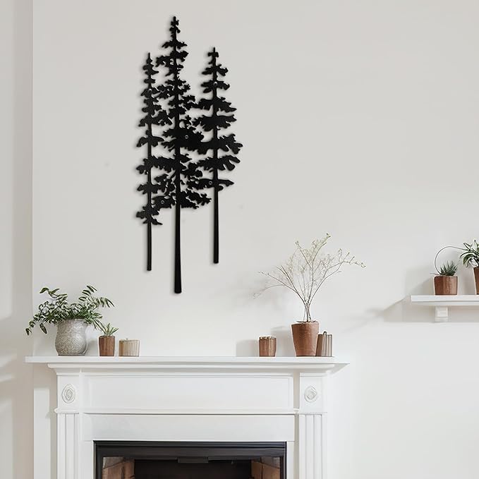 Metal Wall Art Decor Forest Pine Trees Minimalist Iron Tree Design Modern Nature-Inspired Wall Sculpture Hangings Home Decoration for Living Room, Bedroom, Bathroom, Kitchen, Outdoor - 30" Black