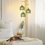 Vintage Floor Lamps for Living Room Bedroom-3 Light Gold Floor Lamp with Glass Lampshape, Flower Green Tall Lamp Mid Century Modern Standing Lamp Tree Floor Lamp for Bedroom Living Room Corner