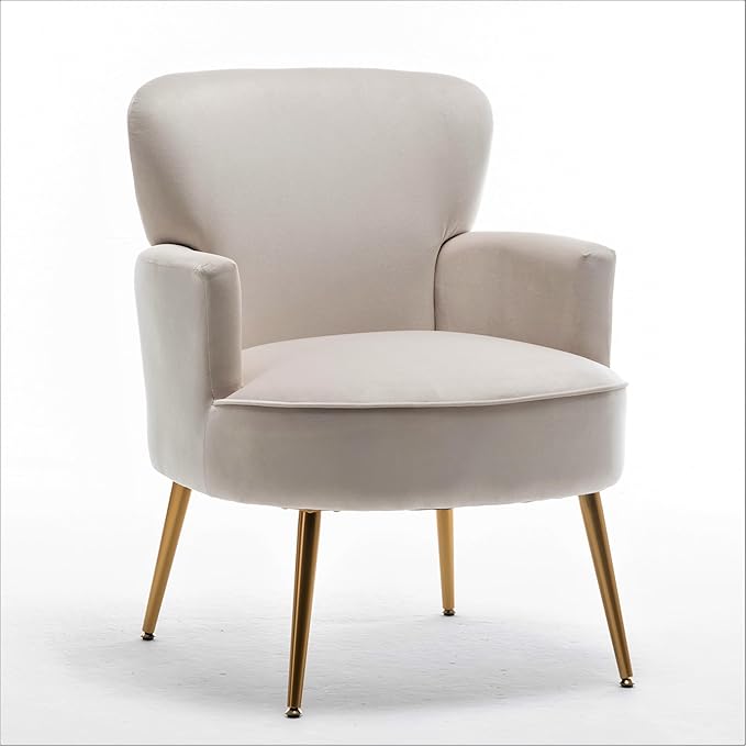 Trendy Velvet Accent Chair with Gold Metal Legs, Upholstered Armchair for Small to Mid-Size Spaces, Modern Living Room, Bedroom, Vanity Desk and Entryway, Ivory