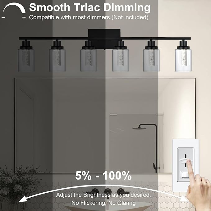 MELUCEE LED Vanity Lights for Bathroom, 6-Light Dimmable LED Bathroom Light Fixtures Black with Crystal Bubble Clear Glass Shade 3000K-6000K LED Wall Light Fixture for Bathroom, Built-in LED Chips