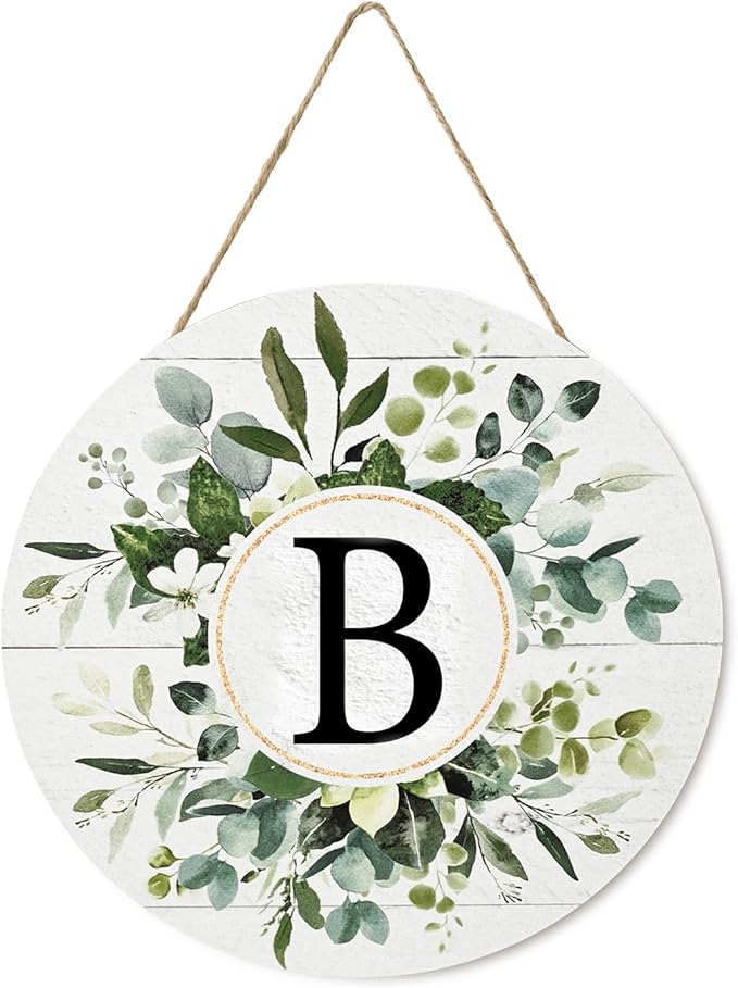 Smile Monogram Letter B Wreaths Wooden Welcome Sign, Family Last Name Initial Front Door Wall Decoration, Floral Spring Summer Porch Rustic Home Kitchen Decor