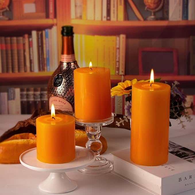 KONNI Orange Pillar Candles Set of 3, 3"x 4" Unscented Pillar Candles Bulk, 40 Hours Long Burning Candles, Smokeless&Dripless Large Round Candle for Wedding, Home Decoration, Parties, Spas, Dinner