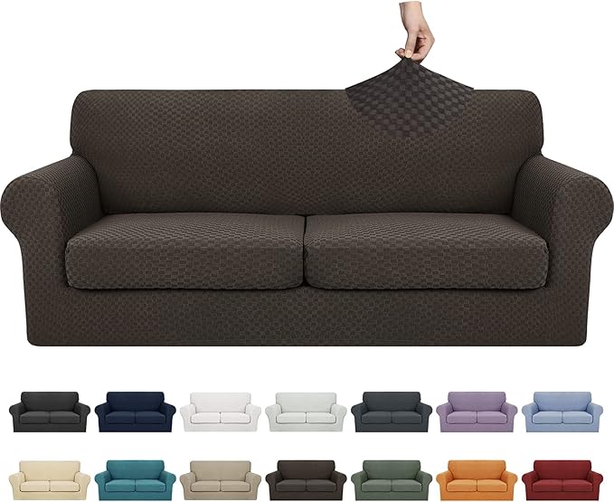 YEMYHOM Latest Checkered 3 Pieces Couch Covers for 2 Cushion Couch High Stretch Sofa Cover with 2 Extra Large Seat Cushion Covers Anti Slip Elastic Slipcovers (Dark Coffee), 71"-91"(2 Cushions)