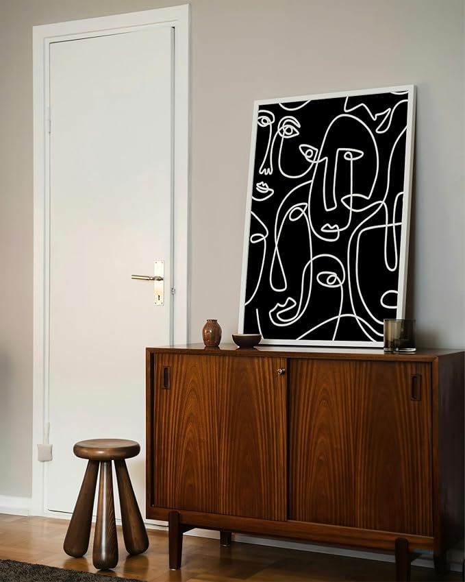 Abstract Face Pattern Wall Art Black Background White Continuous Line Drawing 24x36 Inch Oak Wood White Framed Modern Diverse Portrait for Living Room Decor
