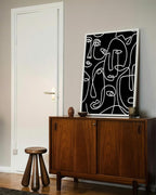 Abstract Face Pattern Wall Art Black Background White Continuous Line Drawing 24x36 Inch Oak Wood White Framed Modern Diverse Portrait for Living Room Decor