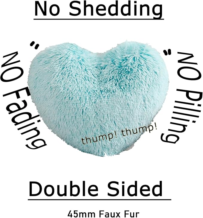 MorroMorn Fluffy Heart Throw Pillows, Shaggy Decorative Pillow for Sofa Couch Bed, Cute Room Decor Decorations for Women Girls Kids (Aqua)