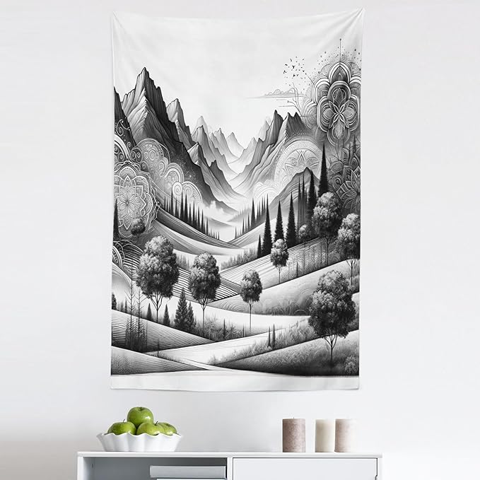 Ambesonne Mountain Tapestry, Monochrome Art Scenic Mounts with Wooded Lands Featuring Eastern Mandala, Fabric Wall Hanging Decor for Bedroom Living Room Dorm, 30" X 45", Pale Grey Dark Taupe