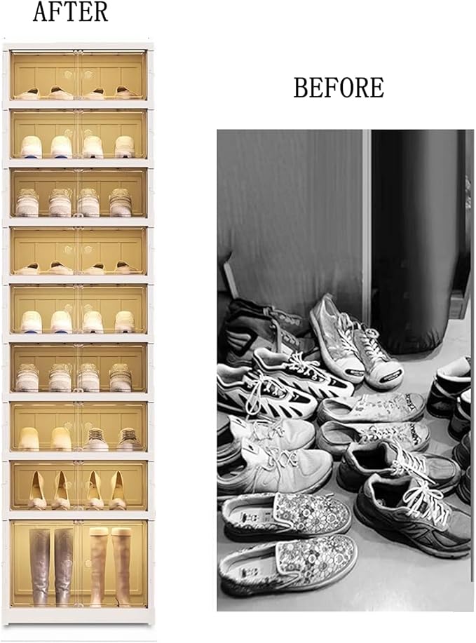 9Tier Foldable Shoe Rack Organizer for Closet,18Pairs Collapsible Plastic Shoe Shelf,Large Shoes Cabinet with Door,Clear Stackable Storage Box Easy Assembly,for Living Room(9Tier18Pairs Cream White)