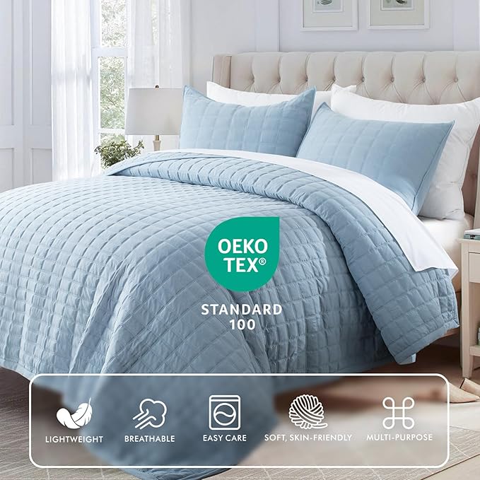 KASENTEX Oversized Queen Quilt Set 102"x106" – Soft Washed 3-Layer Lightweight Bedspread, Minimalist Nordic Design, All-Season Spring & Summer Quilt Set (1 Quilt + 2 Pillow Shams), Grey Blue