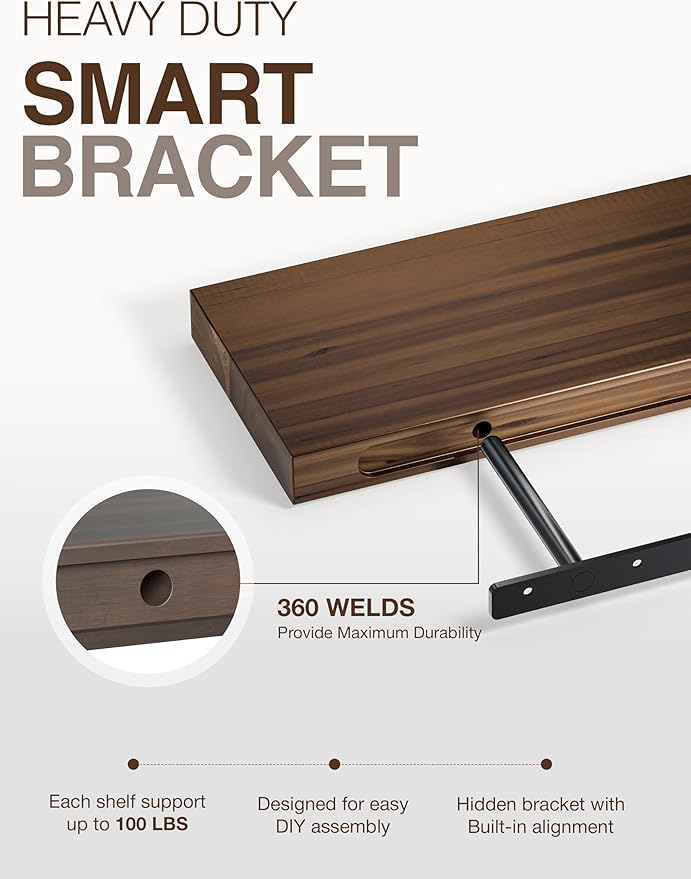 BATODA Set of 2 17" Acacia Wood Floating Shelves Wall Mounted – Rustic Farmhouse Wooden Wall Storage Shelf Bedroom, Kitchen, Home Décor - Brackets and Shelving Mounting for DIY (Walnut Color)