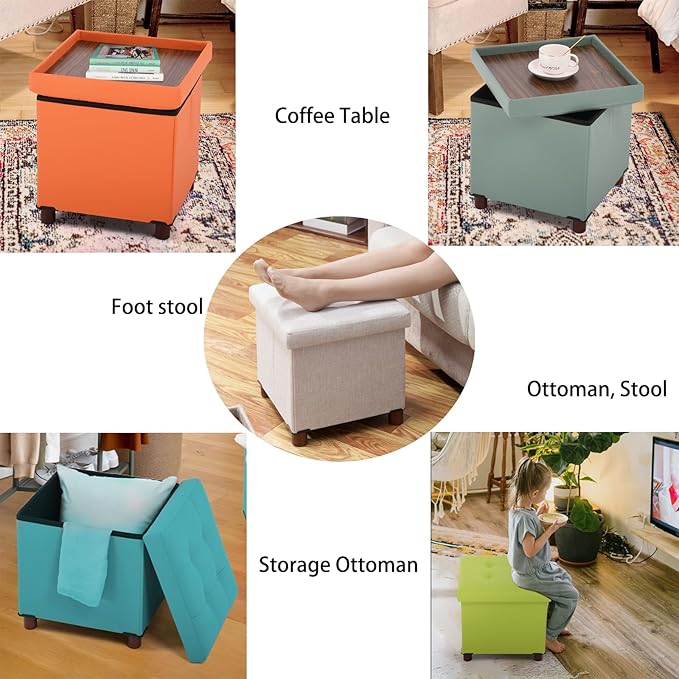 Storage Ottoman for Living Room，Square Ottoman with Tray Bedroom Cube Foot Rest Stool with Legs Ottomans Coffee Table Lid Foldable Footstool Faxu Leather 15" Inch(Black)