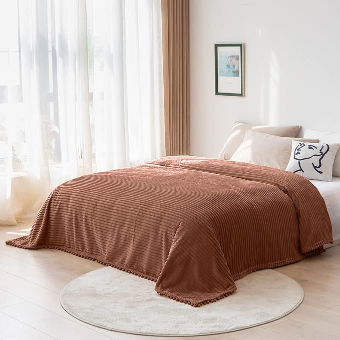 DISSA Fleece Blanket Twin Size – 60x80, Caramel – Soft, Plush, Fluffy, Fuzzy, Warm, Cozy – Perfect Throw for Couch, Bed, Sofa - with Pompom Fringe - Flannel Blanket Throw Blanket