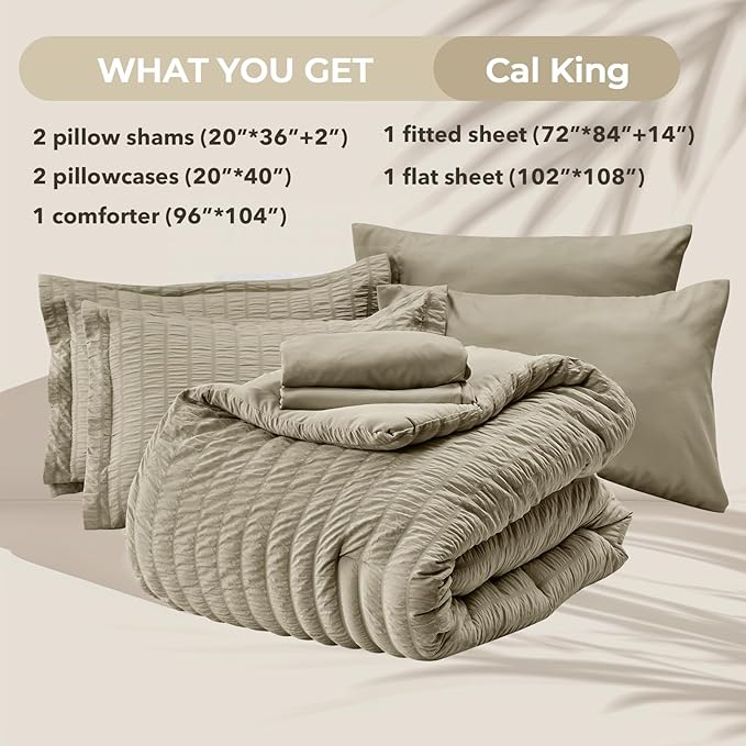 HYMOKEGE Linen California King Comforter Set Seersucker 7 Pieces, All Season Luxury Bed in a Bag for Bedroom, Bedding Set with Comforter, Sheets, Pillowcases & Shams