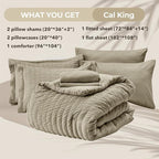 HYMOKEGE Linen California King Comforter Set Seersucker 7 Pieces, All Season Luxury Bed in a Bag for Bedroom, Bedding Set with Comforter, Sheets, Pillowcases & Shams