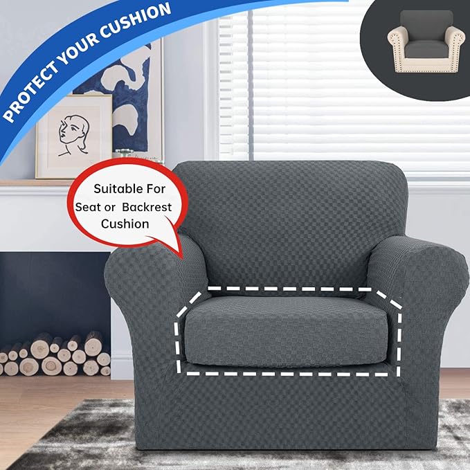 YEMYHOM Stretch Individual Cushion Covers Sofa Chair Seat Cushion Slipcovers Soft Couch Cover Replacement Large Checkered Furniture Protector with Elastic Bottom (1 Pc Cushion Cover, Dark Gray)