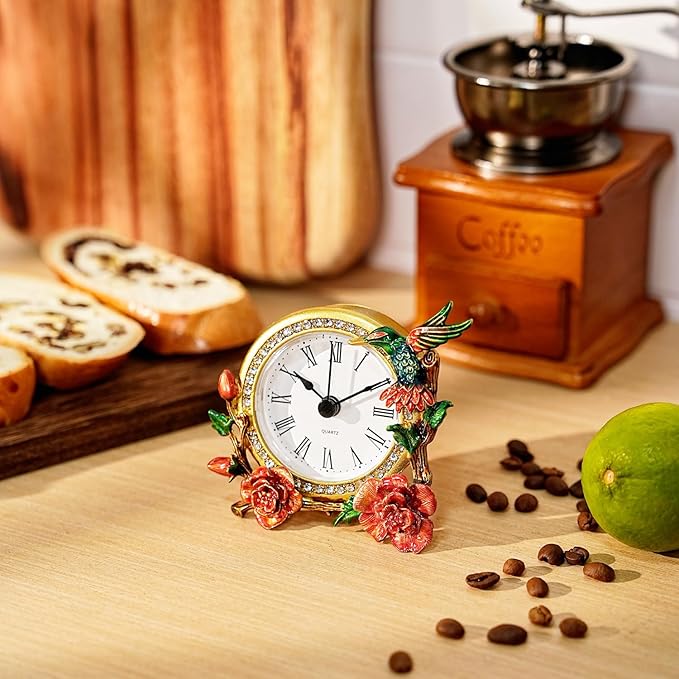 Mini Tabletop Clock, Decorative Vintage Floral Metal Table Clock with Battery Operated for Bedside, Table, Living Room, Home and Office