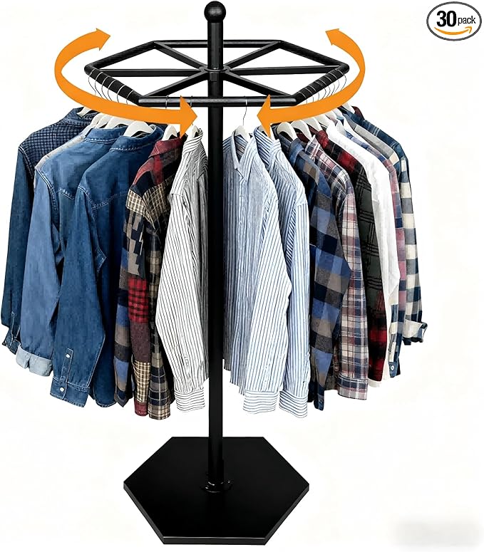 Heavy-Duty Metal Rotating Clothes Rack，Rack Load 200lbs,Round Clothing Rack，Retail Clothing & Garment Racks,With Adjustable Pad Base, For Bedroom, Boutique & Laundry Room（Black）