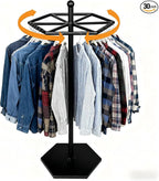 Heavy-Duty Metal Rotating Clothes Rack，Rack Load 200lbs,Round Clothing Rack，Retail Clothing & Garment Racks,With Adjustable Pad Base, For Bedroom, Boutique & Laundry Room（Black）