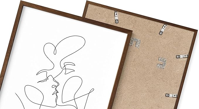 Minimalist Couple Art Wall Art Print Couple Kiss Abstract Line Drawing, Gallery Quality 16"x20" Walnut Framed, Abstract Love Aesthetic Decor Bedroom Living Room