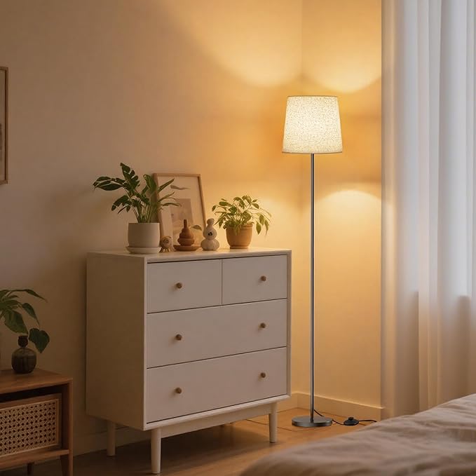 Floor Lamp with Linen Shade - 62" Dimmable LED Standing Lamp with Remote Control, 9W E26 Bulb Included, 3000-6000K, Modern Floor Reading Light for Bedroom Living Room Office Corner, Black