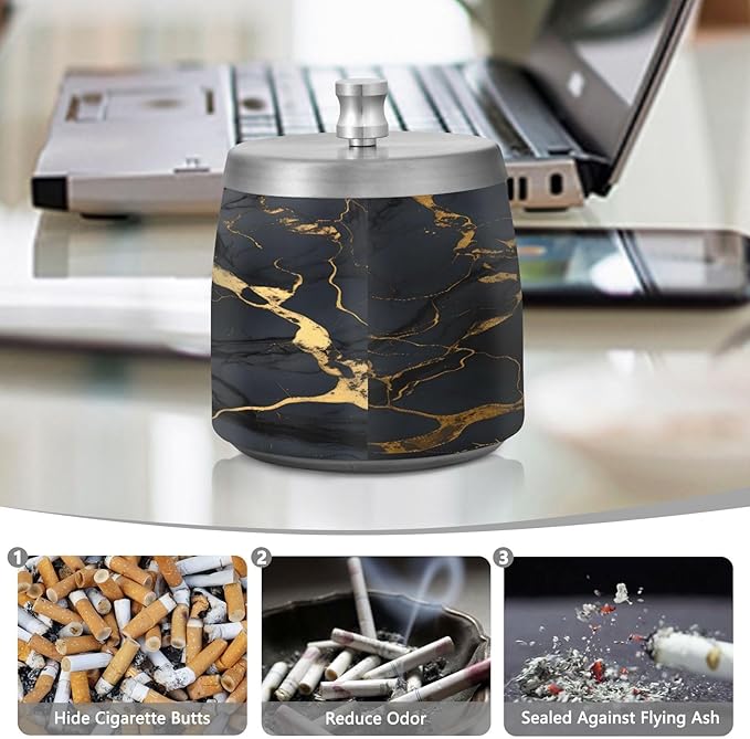 Cool Black Gold Marble Textures Ashtray with Lid, Outdoor Ashtrays for Patio, Stainless Steel Ashtray Odorless Smokeless for Home Office Balcony