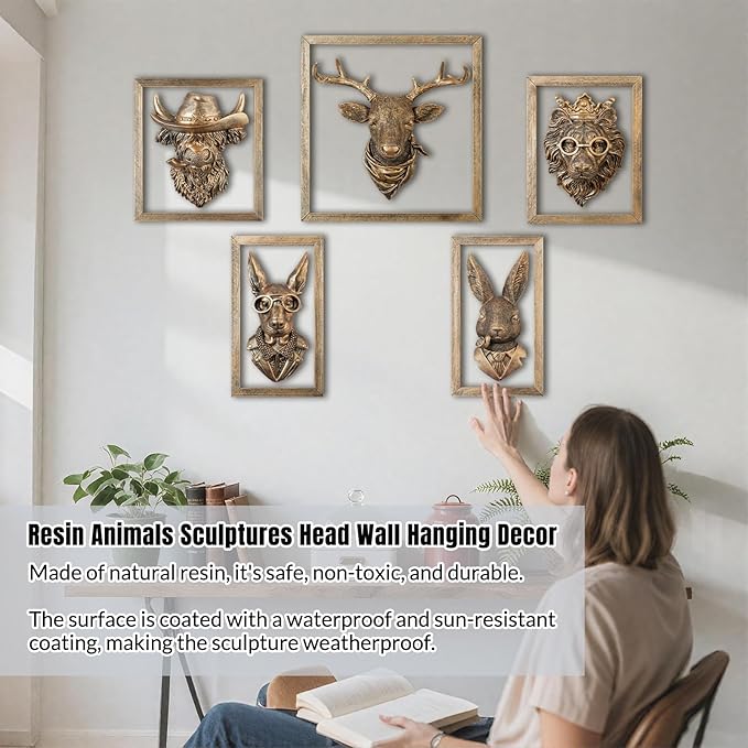 Zotabe 5PCs Animal Heads Wall Decor, Animal Sculptures Wall Dec, Deer Head Wall Mount, Vintage Wall Sculpture, Resin Wall Hanging Decoration for Living Room Bedroom Kitchen Gift (Scarf Stag, 1)