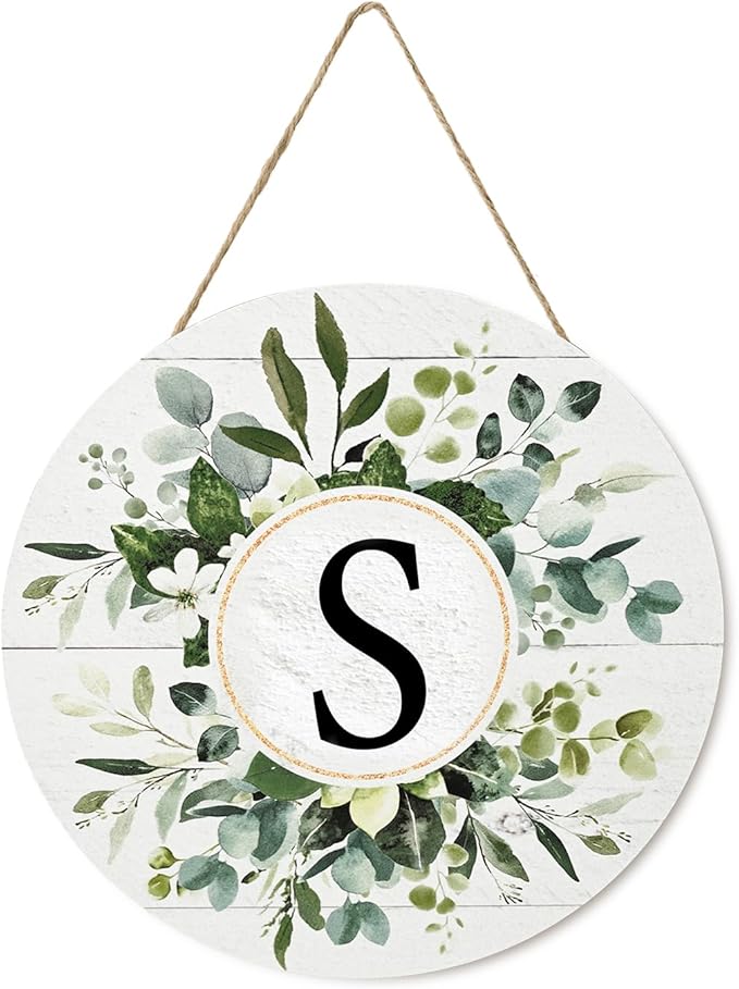 Smile Monogram Letter S Wreaths Wooden Welcome Sign, Family Last Name Initial Front Door Wall Decoration, Floral Spring Summer Porch Rustic Home Kitchen Decor