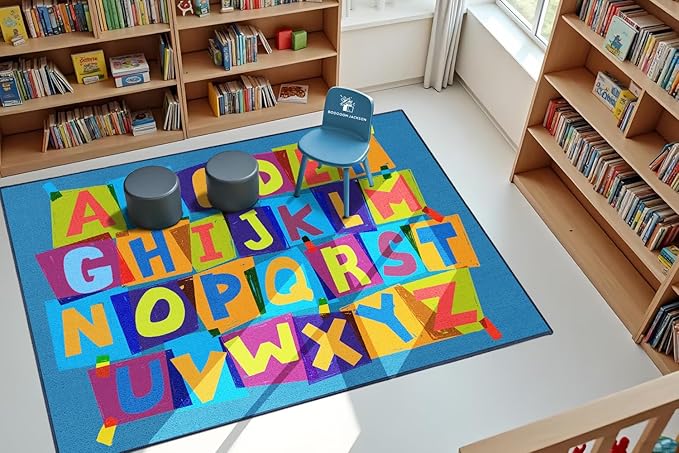 Booooom Jackson ABC Classroom Rug Elementary, Educational Carpet 6’7'’ x 9' Blue Preshool Seating Rug with Alphabet for School, Daycare, Reading Corner, Non-Slip