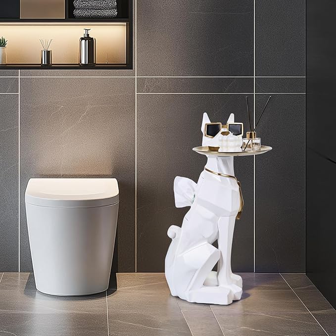 Resin Dog Side Table With Tray, Butler Statue Tissue Box, Accent End Table, Unique Sculpture, Geometric Statue, Funky Furniture for Home Decor Modern (White)