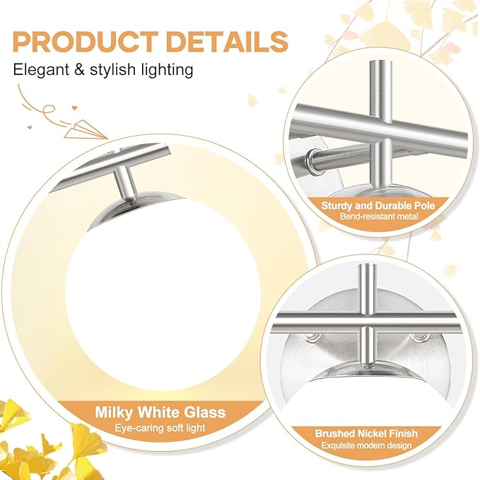 3-Light Bathroom Light Fixtures, Brushed Nickel Vanity Lights for Bathroom with Milky White Ball Shades, 18.9 inch Bathroom Lighting Fixtures Over Mirror, Wall Sconce for Bedroom (Bulb Not Included)