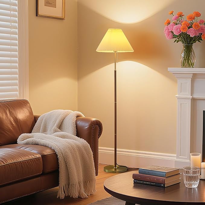 Pleated Lampshade Tall Floor Lamp for Living Room Corner Bedroom Bedside Office, Brown Pole Lamp, Bright 12W Dimming Reading Light, Modern Cute Unique Retro Standing lamp,Farmhouse Vintage Home Decor