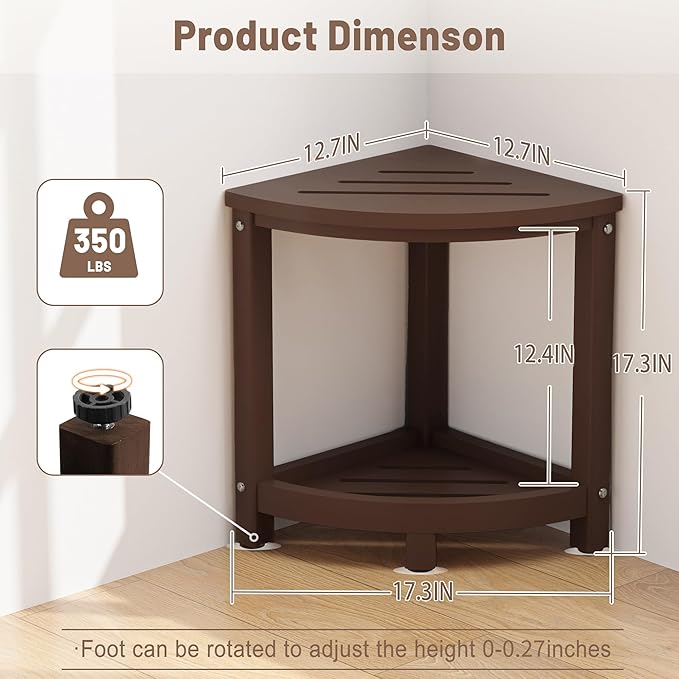 Shower Stool for Inside Shower, Corner Shower Bench Seat, HDPE Waterproof Shower Stool for Shaving Legs with Baffle Storage Shelf, Shower Seat/Foot Rest for Bathroom, Indoor/Outdoor Use, Brown