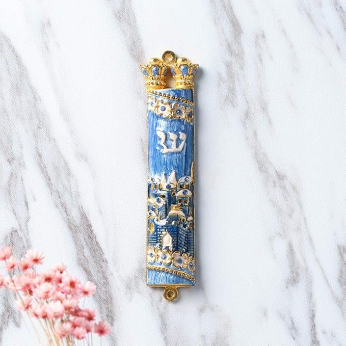 Matashi Hand Painted Mezuzah Gold Plated and Crystals (Blue Enamel Mezuzah Jerusalem City)