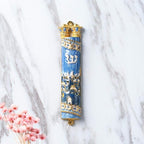 Matashi Hand Painted Mezuzah Gold Plated and Crystals (Blue Enamel Mezuzah Jerusalem City)