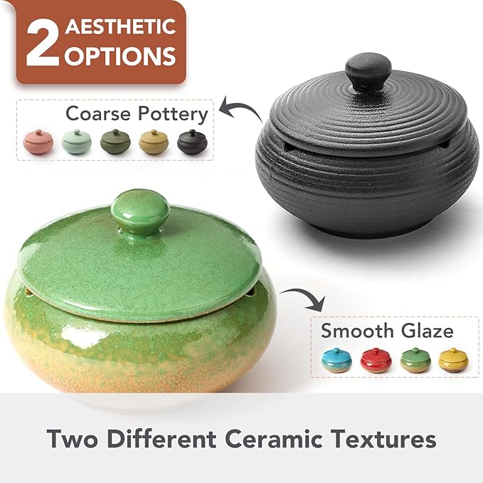 Ashtray with Lid for Outside Patio, Windproof Ash tray, Ceramic Smokeless Ashtray for Outdoor Home Office Tabletop Patio Outdoor Balcony, Black