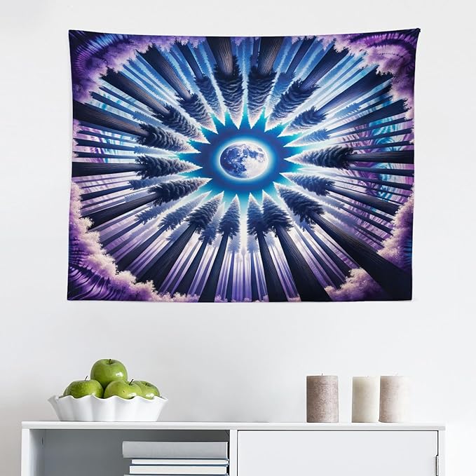 Ambesonne Trippy Tapestry, Indigo Tones Outer Space Featuring Moon with Psychedelic Abstract Woods, Fabric Wall Hanging Decor for Bedroom Living Room Dorm, 28" X 23", Pale Fuchsia Sea Blue