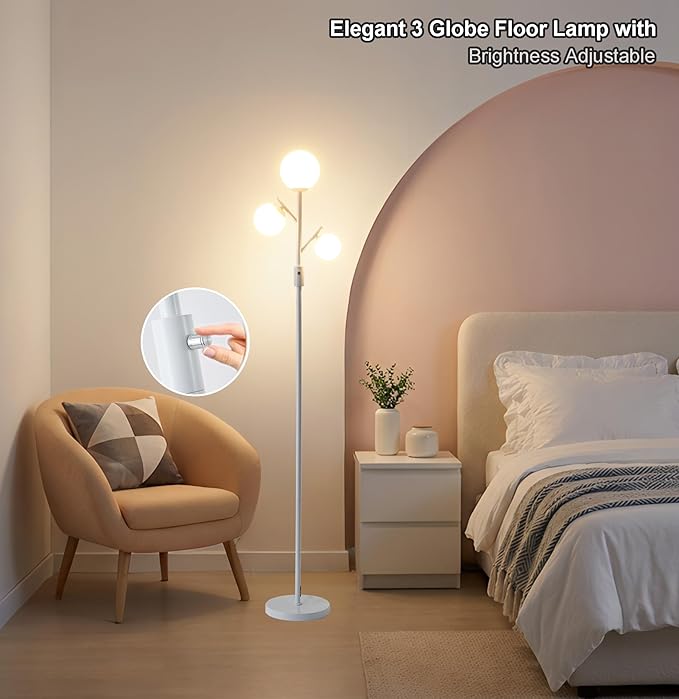 Fiqevs Dimmable White 3 Globe Floor Lamp with Frosted Glass Orb Shades and Bulbs Included, Elegant Mid Century Modern Standing Lamps, Tall Pole Light for Living Room Bedroom Office