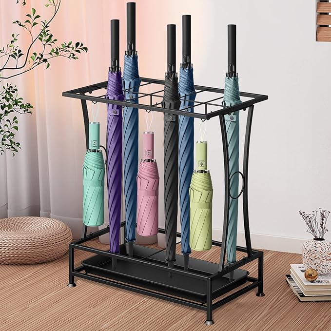 Metal Umbrella Holder Stand with Removable Drip Tray, Industrial Free Standing Umbrella Rack Organizer for Entryway Home Office Patio Decor(10 Slots 8 Hooks, Black)