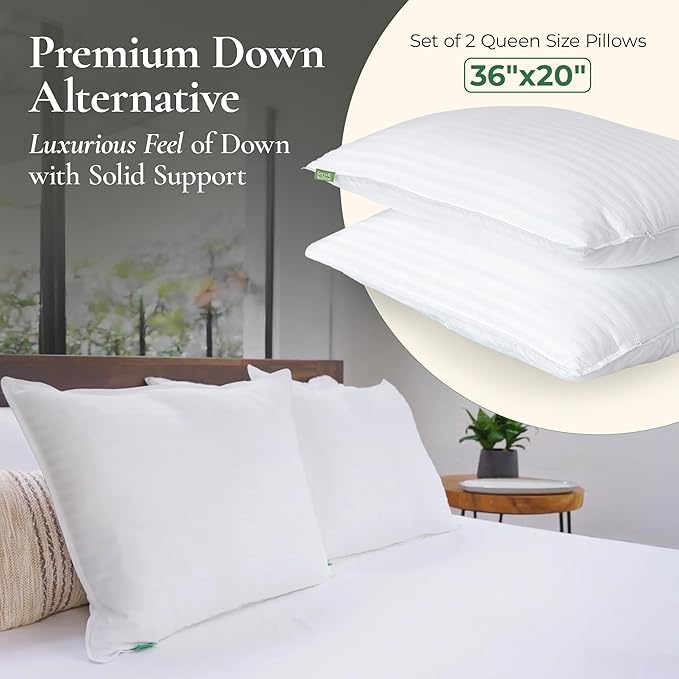 Fern and Willow Premium King Size Bed Pillows - Set of 2, 36"x20" - Luxurious Ultra-Soft Cooling Pillow - Hotel Quality, Down Alternative Fill, Medium Firm Support for Side, Back & Stomach Sleepers