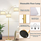 Nintiue Dimmable Floor Lamp - 3 Lights Gold Arc Floor Lamps for Living Room, 1000LM Modern Tall Standing Lamp with White Shades, Mid Century Tree Floor Lamp for Bedroom Office, 3 LED Bulbs Included