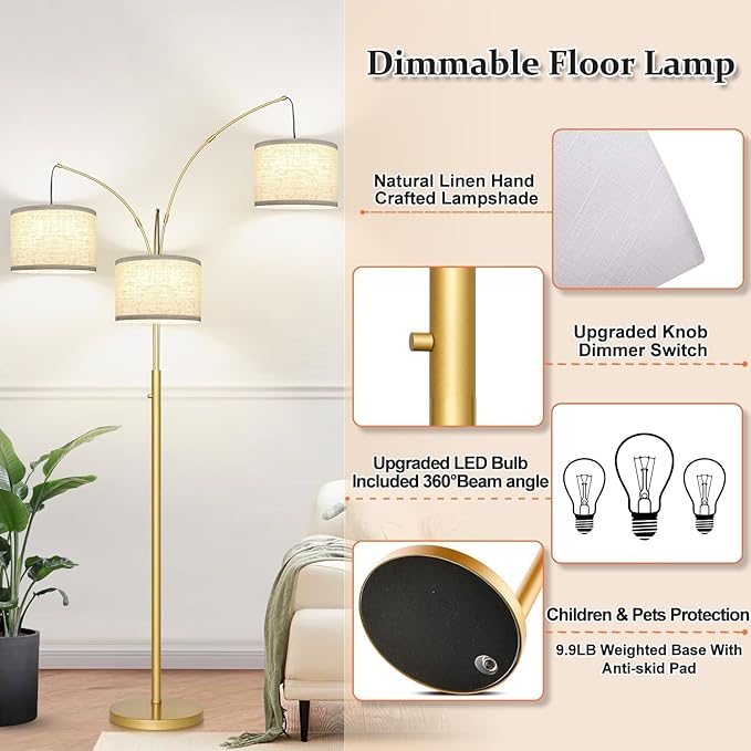 Nintiue Dimmable Floor Lamp - 3 Lights Gold Arc Floor Lamps for Living Room, 1000LM Modern Tall Standing Lamp with White Shades, Mid Century Tree Floor Lamp for Bedroom Office, 3 LED Bulbs Included