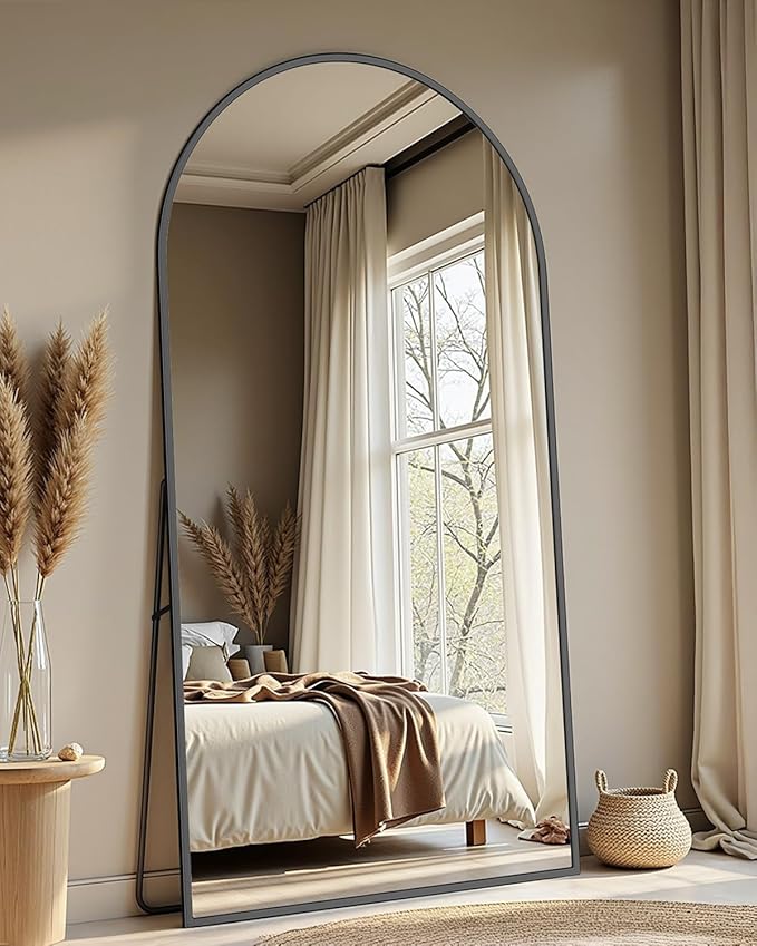 Full-Length Floor Mirror with Stand, 82"x44" Arched Style Full Body Standing Mirror for Bedroom, Living Room, Gym, Dorm - Shatter-Resistant & Easy Assembly, Black