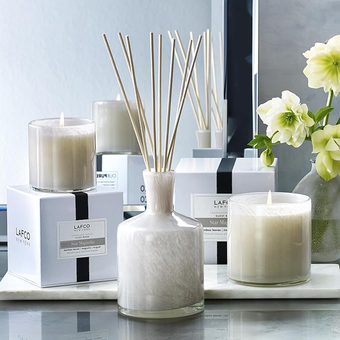LAFCO New York Signature Reed Diffuser, Star Magnolia - 15 oz - Up to 9 Months Fragrance Life - Reusable, Hand Blown Glass Vessel - Natural Wood Reeds - Made in The USA