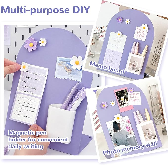 Desk Magnetic Message Board, Metal Bulletin/Memo Board with Magnetic Pen Holder and Flower Pins with Stand, Souvenir/Photo Display Board for Home, Office, Dormitory, Apartment, 8 * 11Inch (Pink)