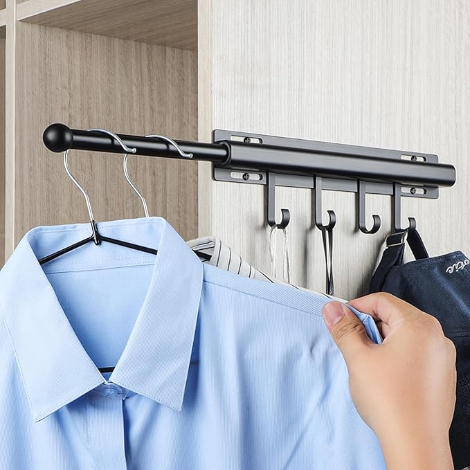 12 inch Valet Rod for Closets Pull Out Closet Valet Rod Slide Out Black Pull Out Clothes Hanger With 4 Hooks
