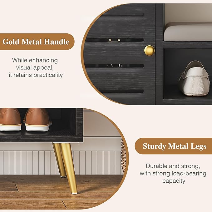 VECELO Shoe Storage Bench with Door&Shelf, Entryway Bench with Seat Cushion, for Hallway, Bedroom, Living Room, L-Shaped, Black
