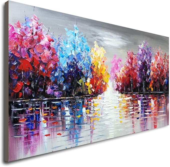 Large Hand Painted Purple Abstract Textured Tree Wall Art Lake Landscape Oil Painting on Canvas