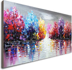 Hand Painted Lake Landscape Canvas Wall Art with Colorful Tree Thick Texture Oil Painting Abstract Artwork (48 x 24 inch)