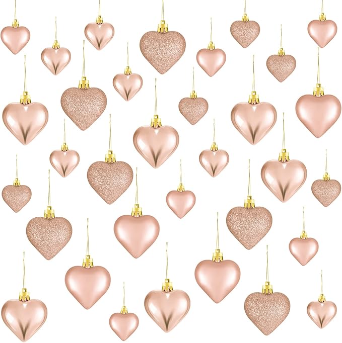Skylety 30 Pieces Valentine's Day Heart Ornaments, Heart Shaped Decorations Tree Hanging Baubles for Valentine Wedding Anniversary, 3 Styles 2 Size (Rose Gold)