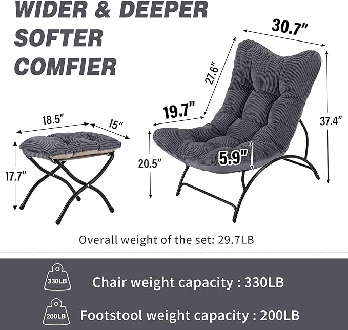 Welnow Modern Accent Chair with Ottoman, Upholstered Comfy Lounge Recliner Sofa, Thick Cushion Oversized Lazy Reading Chair with Footrest for Living Room, Bedroom, Apartment, Office, Dorm, Dark Grey